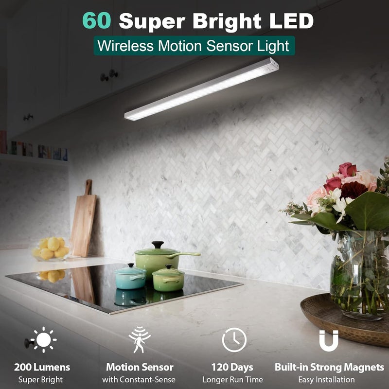 BLS 60 LED Closet Lights Battery Powered, Super Bright Under Cabinet Lighting, Motion Sensor Light, Wireless, 2400mah Rechargeable Operated, 120 Days Run Time, 6000k Clean White-13 Inches - Image 2